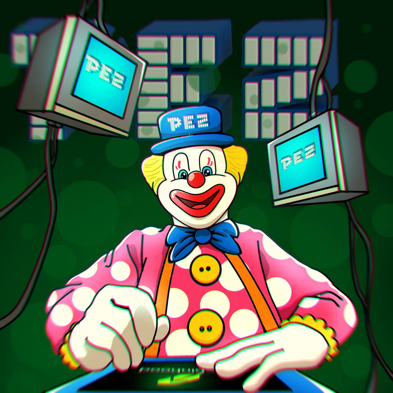 PeterPez coding smart contracts at multiple CRT screens
